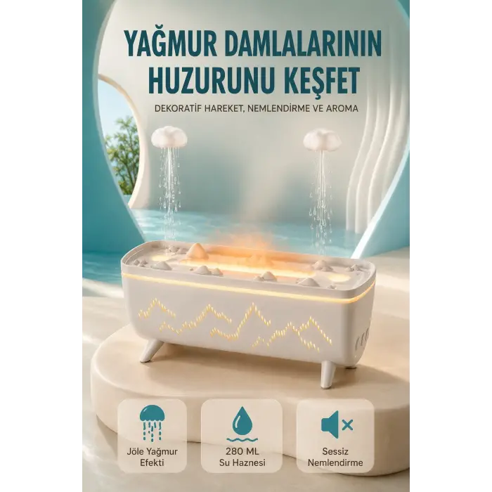 Dekoratif Hava Nemlendirici ve Aromaterapi Difüzörü 280 ML Yağmur Efektli Renkli LED Işıklı