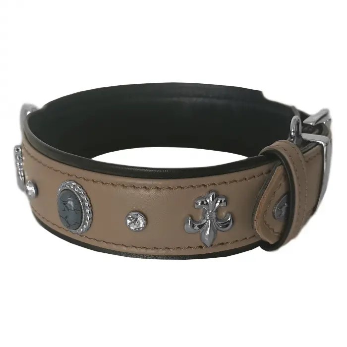 Deri Doğal Taşlı Köpek Boyun Tasması 28-33 cm X-Small Taba