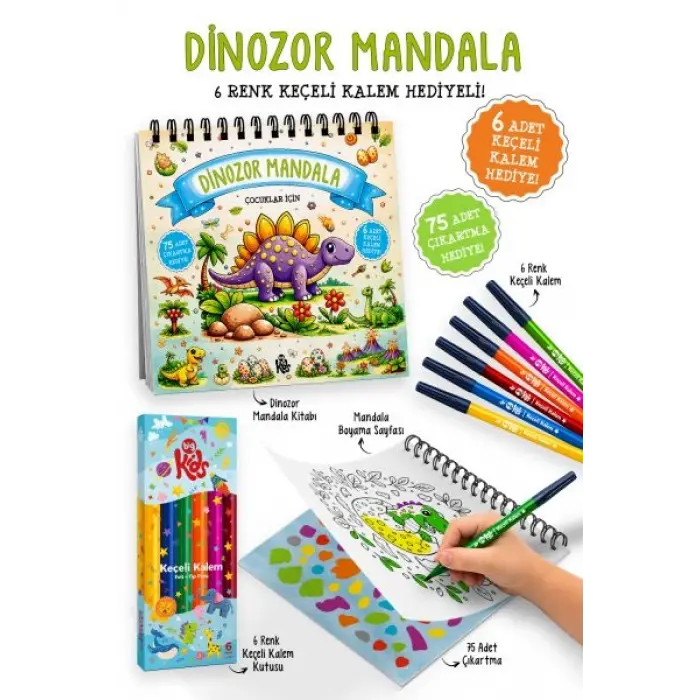 Dinozor Mandala - 6 Renk Keçeli Kalem ve 75 Adet Çıkartma Hediyeli 3+
