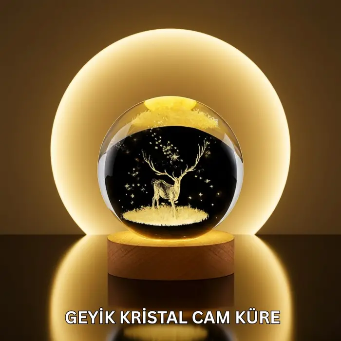 Doğal Ahşap Standlı Geyik Figürlü Kristal Küre LED Dekoratif Lamba