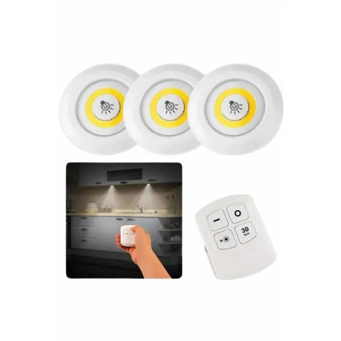 Dolap Işığı Mutfak Rafı Işığı Uzaktan Kumandalı 3 Lü Spot Led Lamba