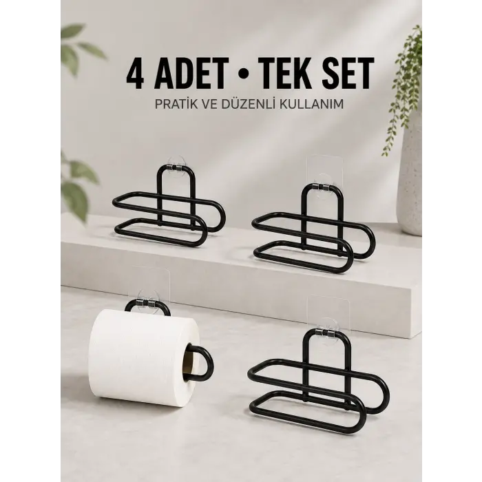 Duvara Yapışkanlı WC Kağıtlık Siyah Metal 4 Adet Tuvalet Kağıdı Rulo Askısı