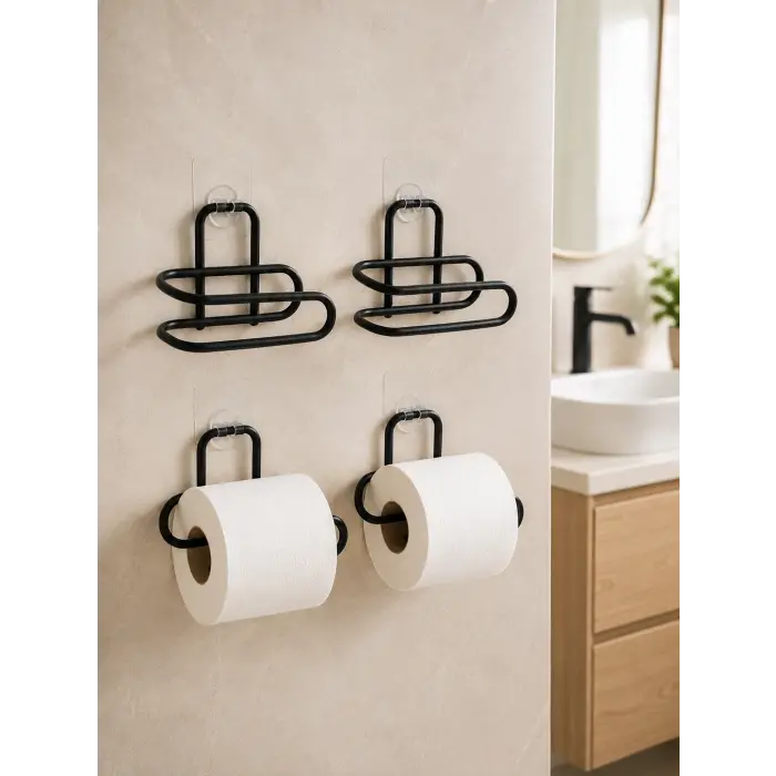 Duvara Yapışkanlı WC Kağıtlık Siyah Metal 4 Adet Tuvalet Kağıdı Rulo Askısı