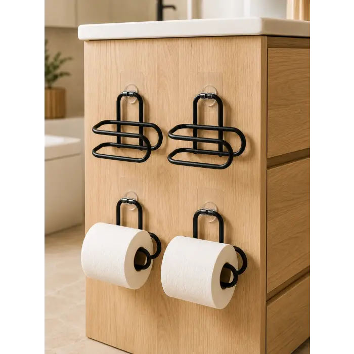 Duvara Yapışkanlı WC Kağıtlık Siyah Metal 4 Adet Tuvalet Kağıdı Rulo Askısı