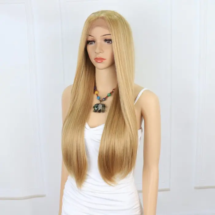 Düz Fiber Sen Tül Peruk / Karamel / Platin Röfleli