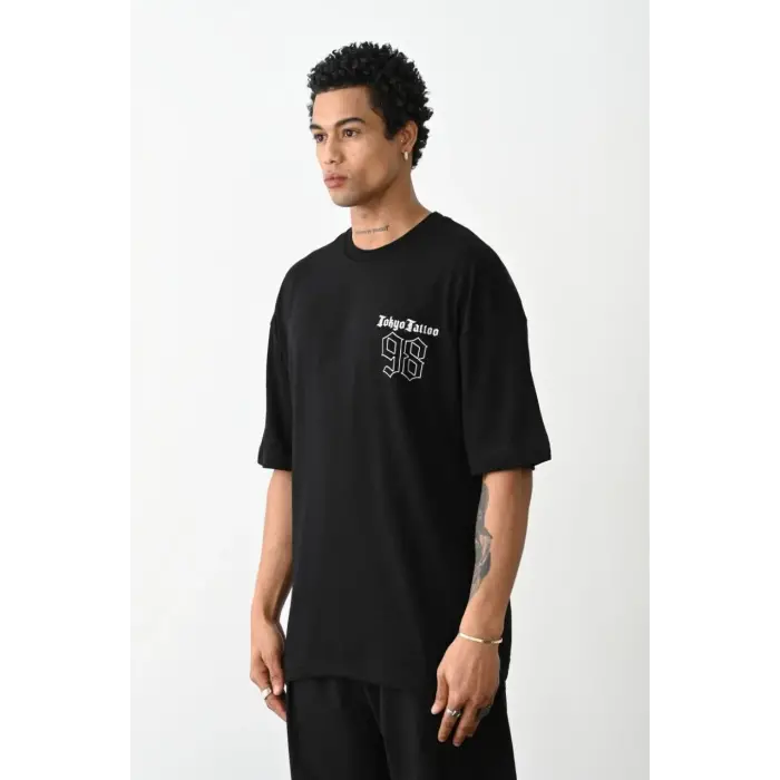 Erkek Kısa Kol Yazlık Tişört Bisiklet Yaka Baskılı Oversize T-Shirt - Siyah