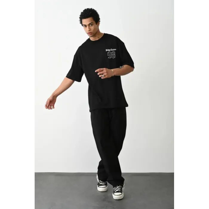 Erkek Kısa Kol Yazlık Tişört Bisiklet Yaka Baskılı Oversize T-Shirt - Siyah