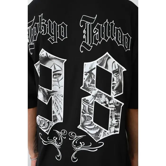 Erkek Kısa Kol Yazlık Tişört Bisiklet Yaka Baskılı Oversize T-Shirt - Siyah