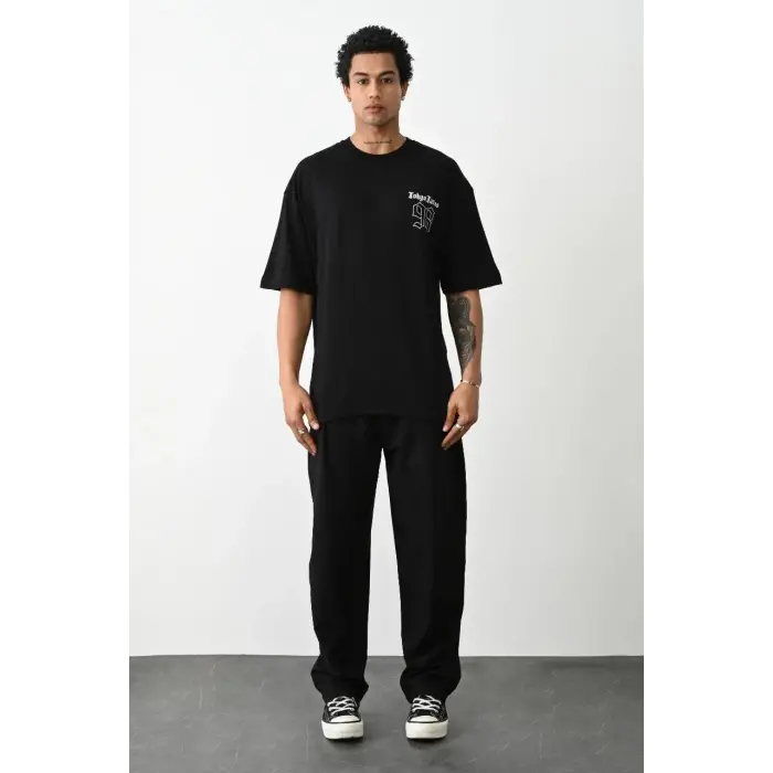 Erkek Kısa Kol Yazlık Tişört Bisiklet Yaka Baskılı Oversize T-Shirt - Siyah