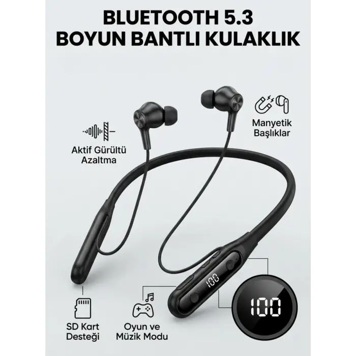 Ekranlı ve SD Kart Destekli Bluetooth 5.3 Boyun Bantlı Kulaklık
