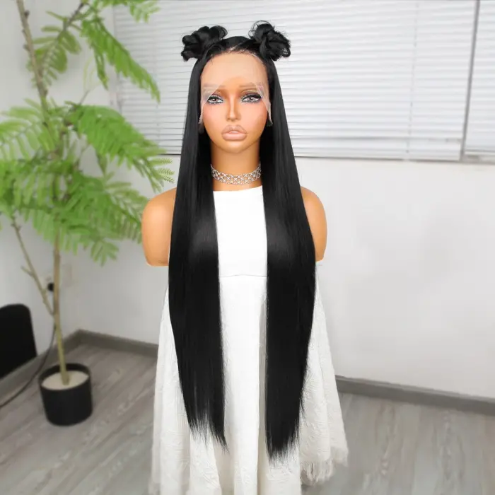 Ekstra Uzun Siyah Fiber Sen Düz Tül Peruk