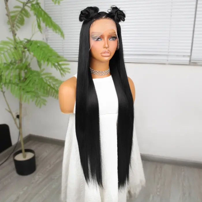 Ekstra Uzun Siyah Fiber Sen Düz Tül Peruk