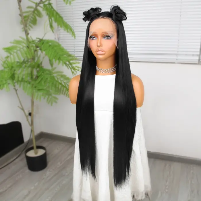 Ekstra Uzun Siyah Fiber Sen Düz Tül Peruk
