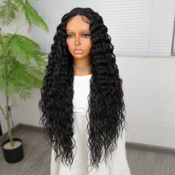 Ekstra Uzun Yoğun Afro Daa Siyah Fiber Sen Geniş T Tül Peruk