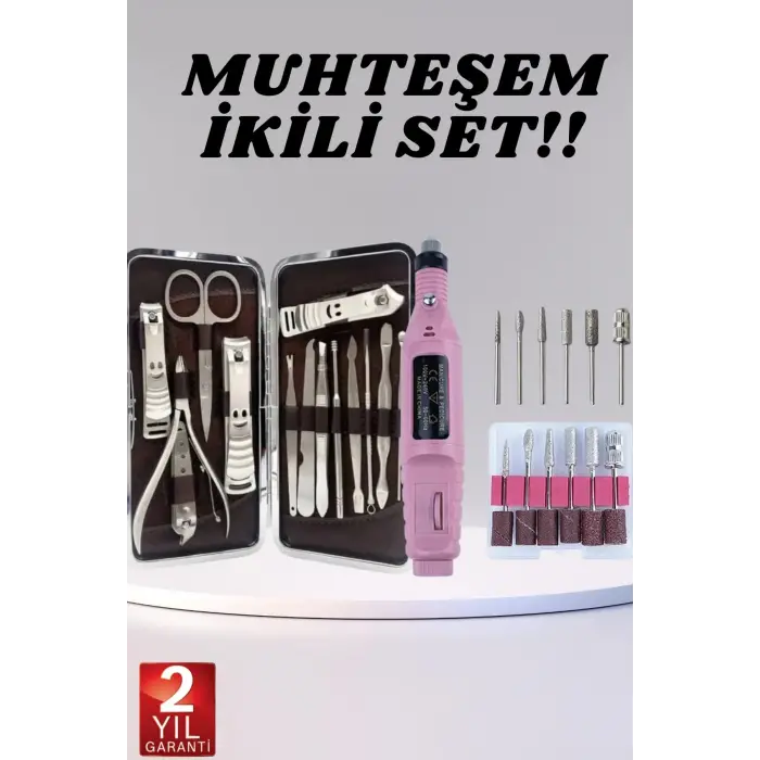 Elektrikli Manikür Pedikür Seti İkili Set 12 Parça Tırnak Bakımı Törpü Protez Çıkarma