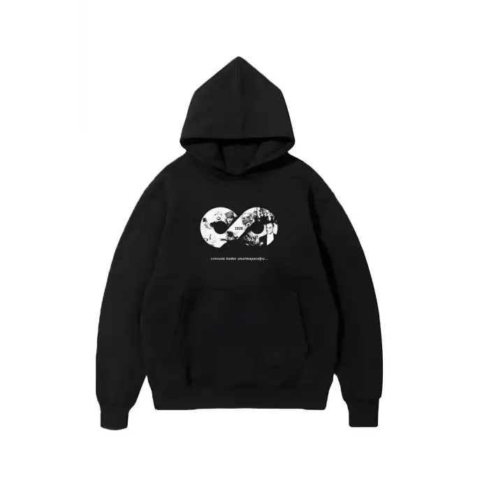 Erkek 10 Kasıma Özel 3 İplik Kapüşonlu Baskılı SweatShirt Hoodie - Siyah