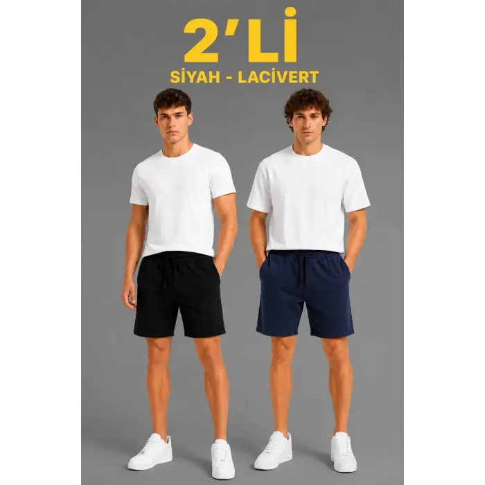 Erkek 2li 3 İplik Pamuklu Lastikli Bağcıklı Şort - Siyah & Lacivert
