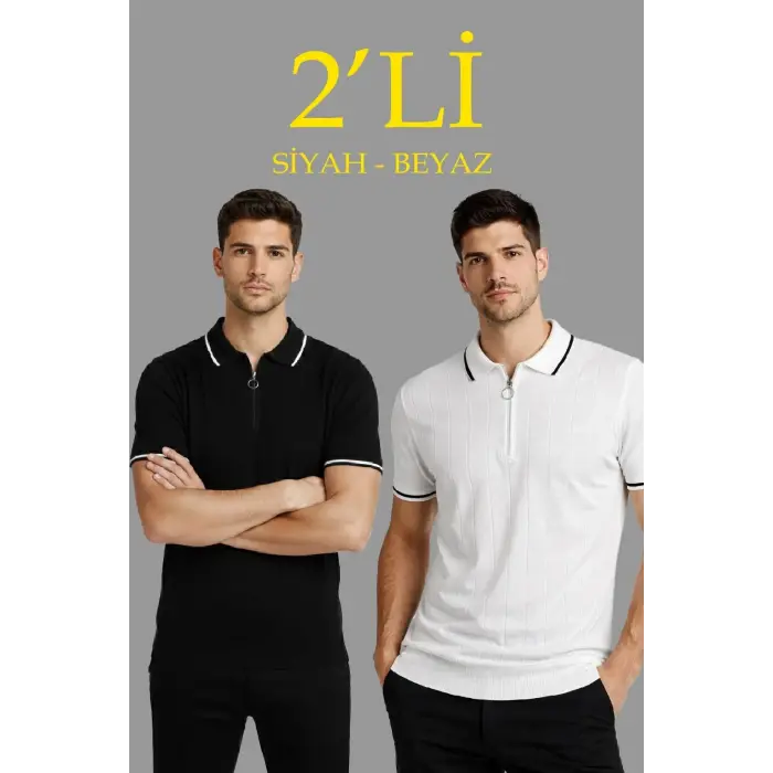 Erkek Triko Tişört Fermuarlı Polo Yaka Yazlık Kısa Kol T-Shirt 2’li Set Beyaz-Siyah