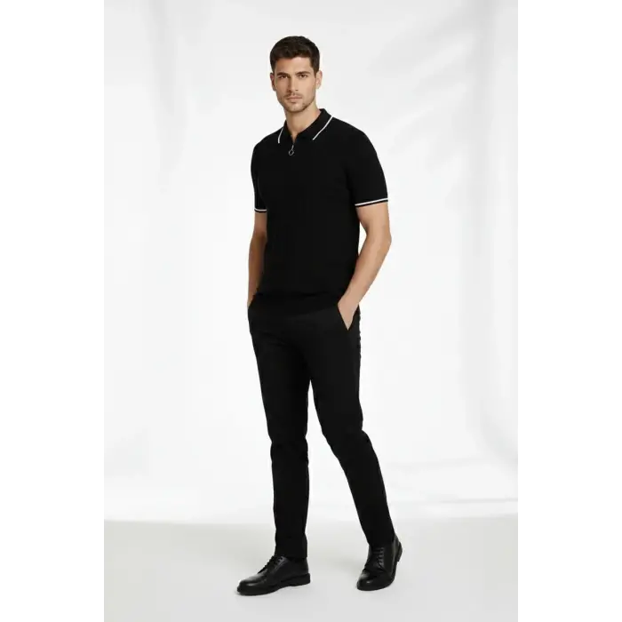 Erkek Triko Tişört Fermuarlı Polo Yaka Yazlık Kısa Kol T-Shirt 2’li Set Beyaz-Siyah