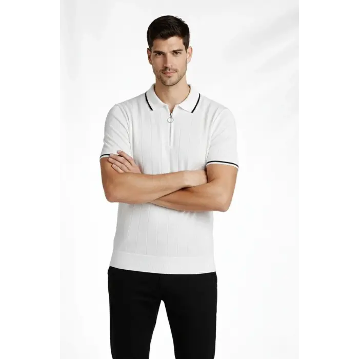 Erkek Triko Tişört Fermuarlı Polo Yaka Yazlık Kısa Kol T-Shirt 2’li Set Beyaz-Siyah