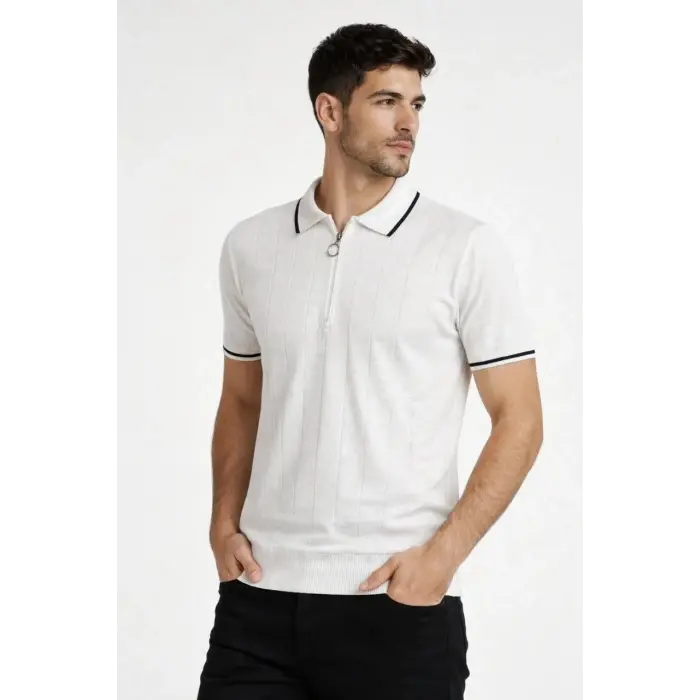 Erkek Triko Tişört Fermuarlı Polo Yaka Yazlık Kısa Kol T-Shirt 2’li Set Beyaz-Siyah