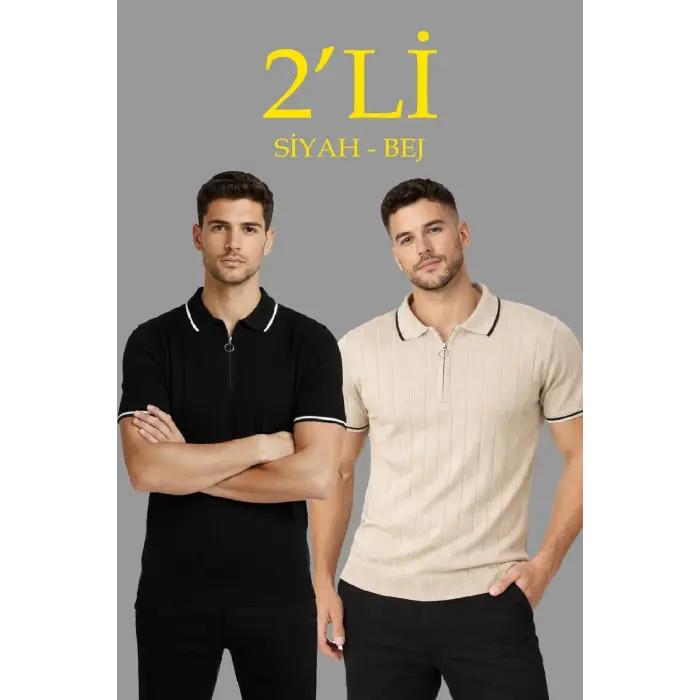 Erkek Triko Tişört Fermuarlı Polo Yakal Yazlık Kısa Kol T-Shirt 2’li Set Bej-Siyah