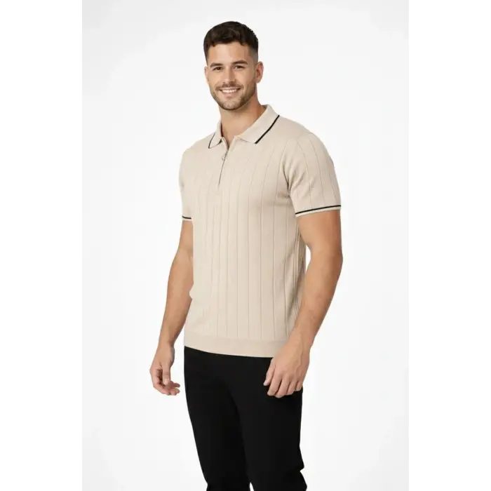 Erkek Triko Tişört Fermuarlı Polo Yakal Yazlık Kısa Kol T-Shirt 2’li Set Bej-Siyah