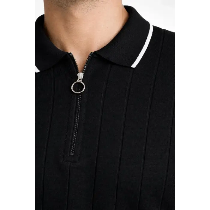 Erkek Triko Tişört Fermuarlı Polo Yakal Yazlık Kısa Kol T-Shirt 2’li Set Bej-Siyah