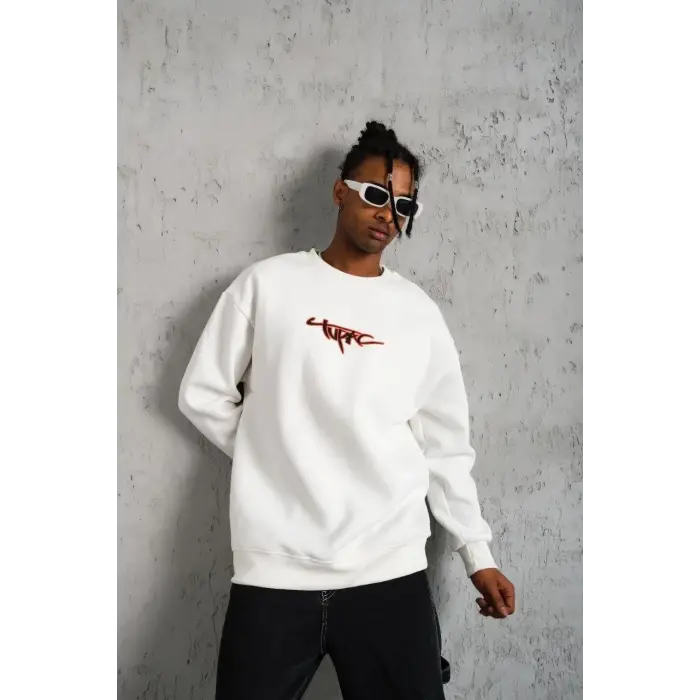 Erkek 3 İplik Pamuklu Bisiklet Yaka Gangster Baskılı Sweatshirt - Beyaz