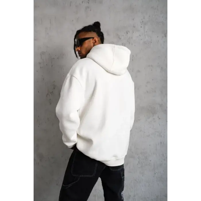 Erkek 3 İplik Pamuklu Kapüşonlu Cepli Düz Oversize Hoodie Sweatshirt - Beyaz