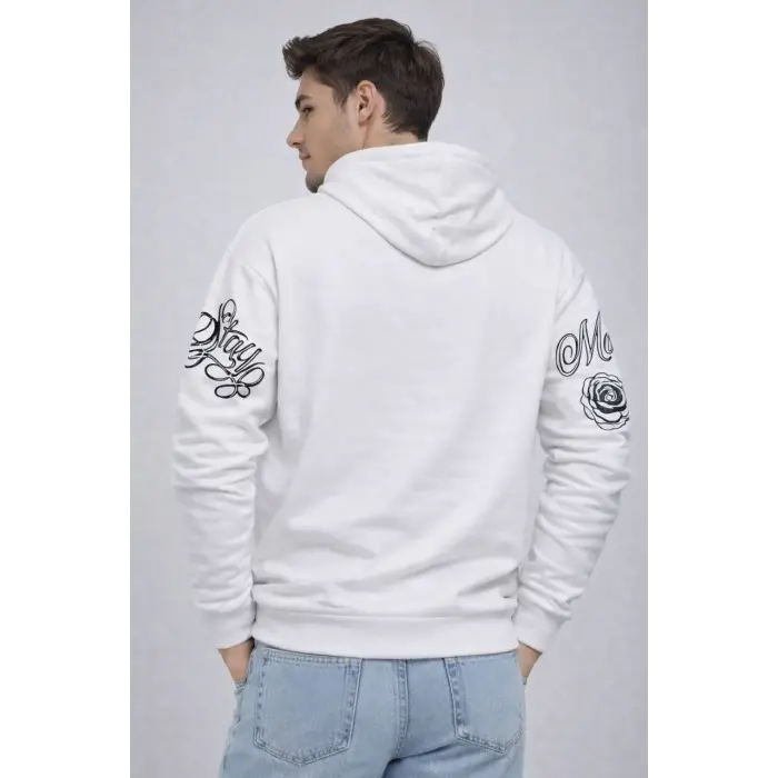 Erkek 3 İplik Pamuklu Kapüşonlu Baskılı SweatShirt hoodie - Beyaz