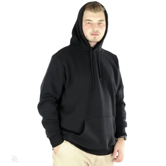 Erkek 3 İplik Pamuklu Kapüşonlu Cepli Oversize Hoodie Sweatshirt - Siyah