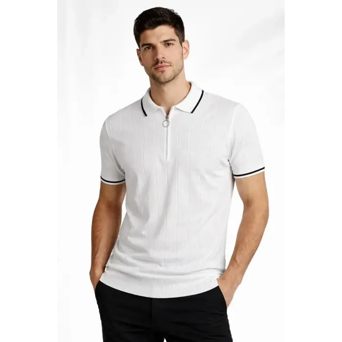 Erkek Triko Tişört Fermuarlı Polo Yaka Kısa Kol T-Shirt 3’lü Set Kahve-Siyah-Beyaz