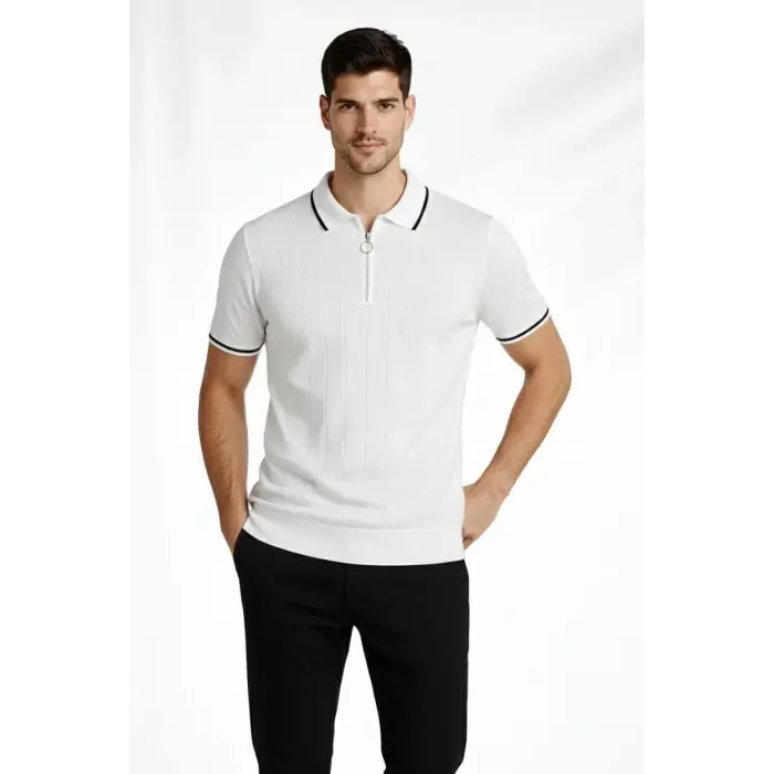 Erkek Triko Tişört Fermuarlı Polo Yaka Kısa Kol T-Shirt 3’lü Set Kahve-Siyah-Beyaz