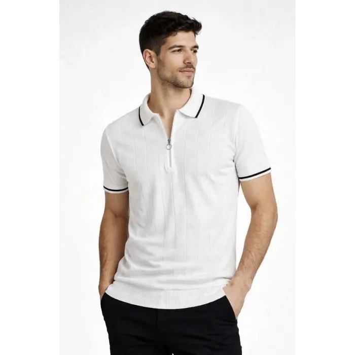 Erkek Triko Tişört Fermuarlı Polo Yaka Kısa Kol T-Shirt 3’lü Set Kahve-Siyah-Beyaz