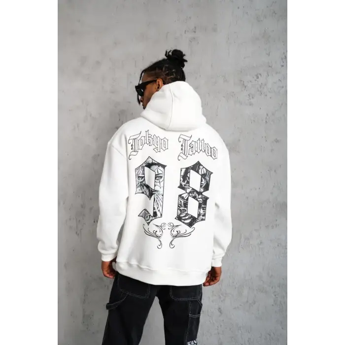 Erkek 98 Baskılı Kapşonlu 3 iplik pamuklu Sweatshirt hoodie - Beyaz