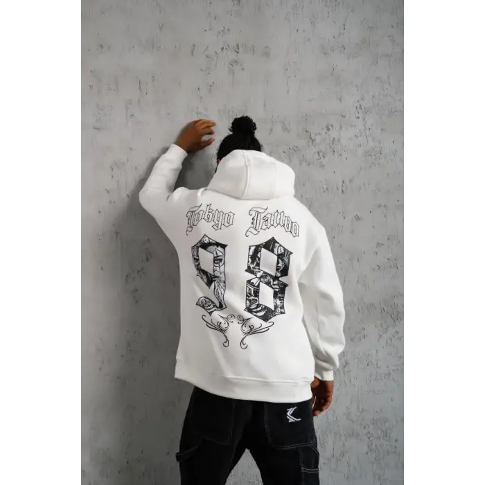Erkek 98 Baskılı Kapşonlu 3 iplik pamuklu Sweatshirt hoodie - Beyaz