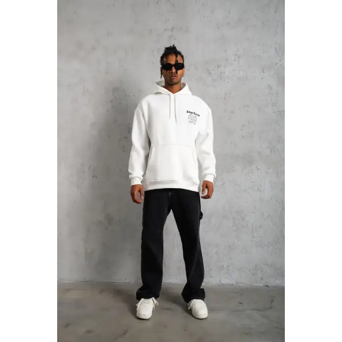 Erkek 98 Baskılı Kapşonlu 3 iplik pamuklu Sweatshirt hoodie - Beyaz