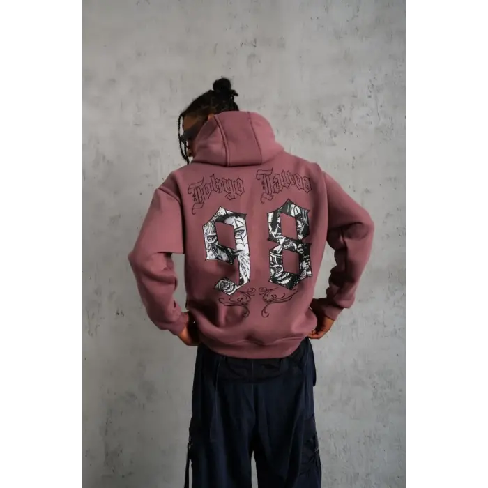Erkek 3 İplik Pamuklu Kapüşonlu Baskılı Cepli Sweatshirt Hoodie - Gül Kurusu
