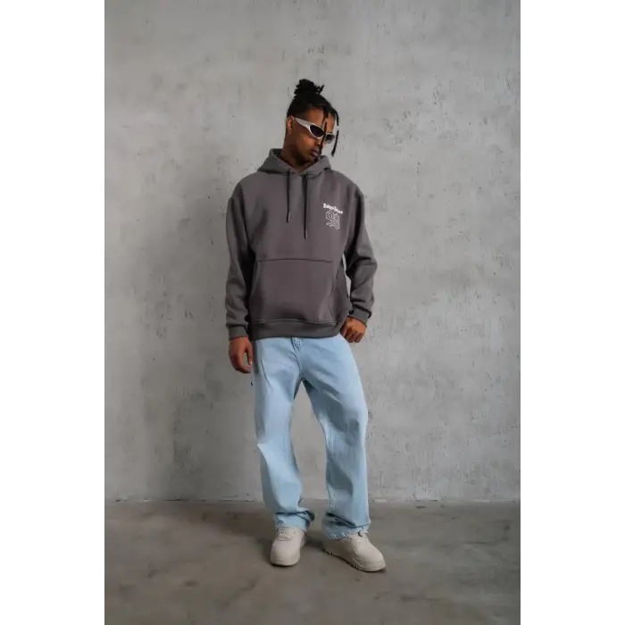 Erkek 3 İplik Pamuklu Kapüşonlu Baskılı Cepli Oversize Sweatshirt Hoodie - Gri