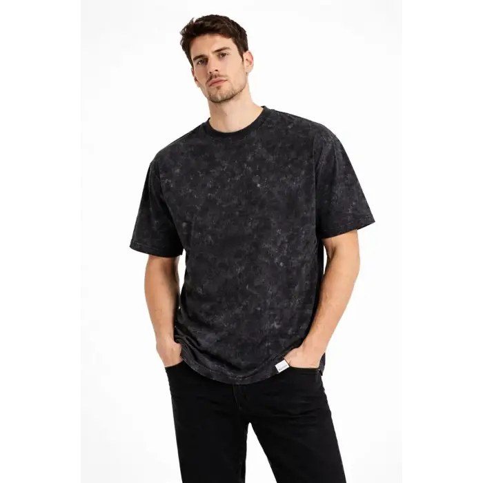 Erkek Asit Yıkama Bisiklet Yaka Kısa Kollu Oversize T-Shirt Tişört - Siyah