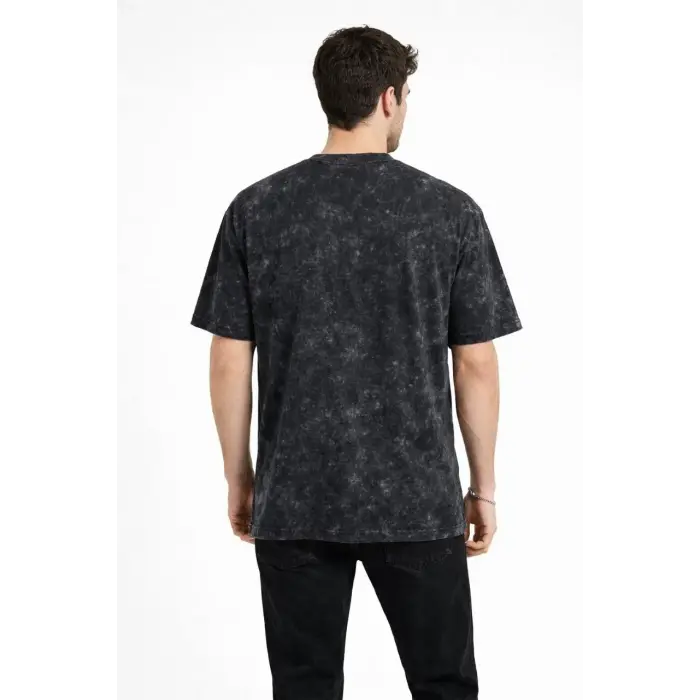 Erkek Asit Yıkama Bisiklet Yaka Kısa Kollu Oversize T-Shirt Tişört - Siyah