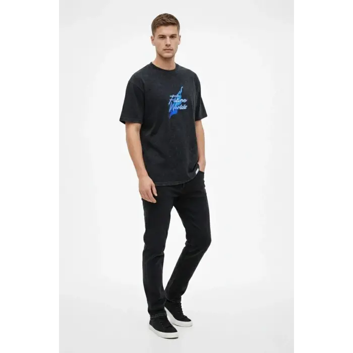 Erkek Asit Yıkamalı Oversize Tişört Bisiklet Yaka Kısa Kol T-shirt - Siyah
