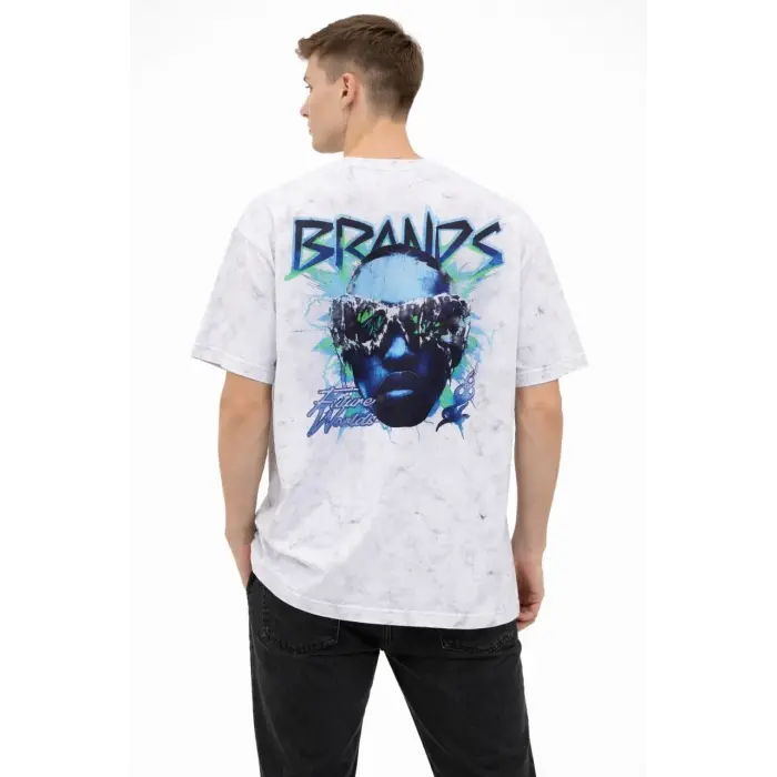 Erkek Asit Yıkamalı Oversize Tişört Bisiklet Yaka Kısa Kol T-shirt - Beyaz