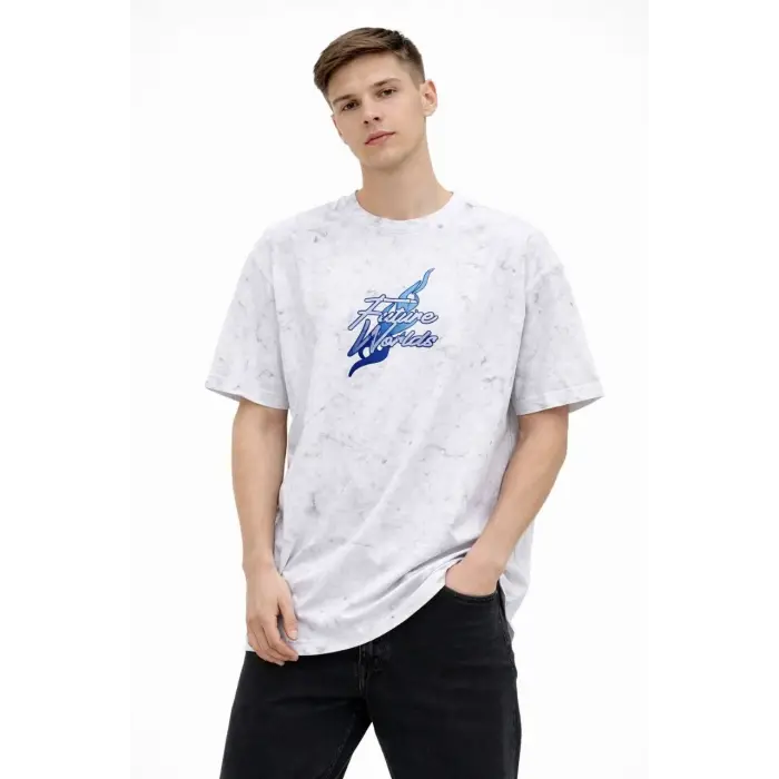 Erkek Asit Yıkamalı Oversize Tişört Bisiklet Yaka Kısa Kol T-shirt - Beyaz
