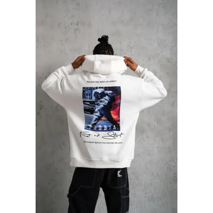 Erkek 3 İplik Pamuklu Kapüşonlu Baskılı Cepli Oversize Sweatshirt Hoodie - Beyaz