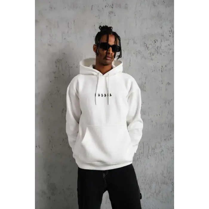 Erkek 3 İplik Pamuklu Kapüşonlu Baskılı Cepli Oversize Sweatshirt Hoodie - Beyaz