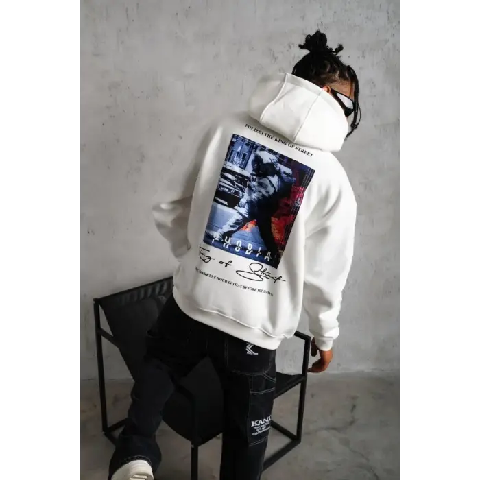 Erkek 3 İplik Pamuklu Kapüşonlu Baskılı Cepli Oversize Sweatshirt Hoodie - Beyaz