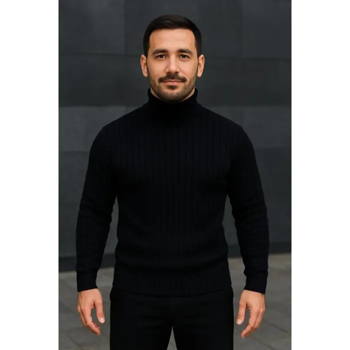 Erkek Tam Boğazlı Balıkçı Yaka Triko Kazak Kalın Fitilli - Siyah