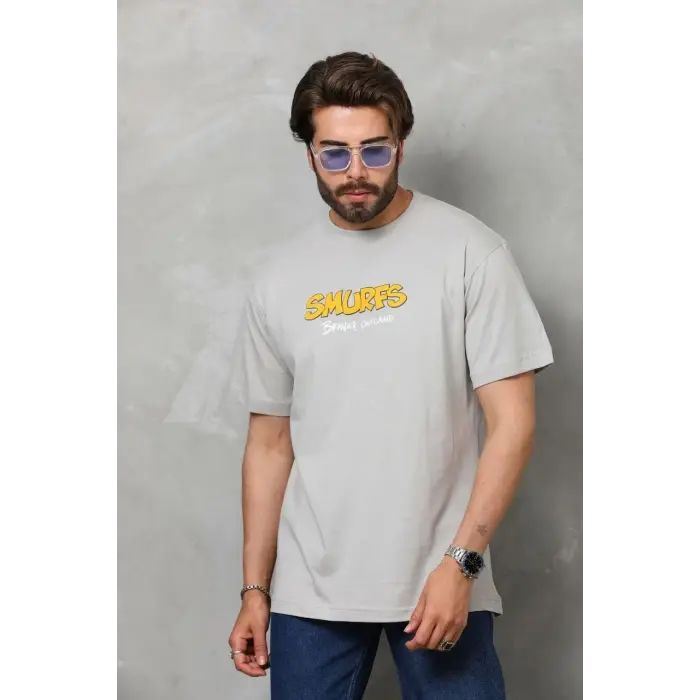 Erkek Kısa Kol Yazlık Tişört Bisiklet Yaka Baskılı Oversize T-Shirt - Gri